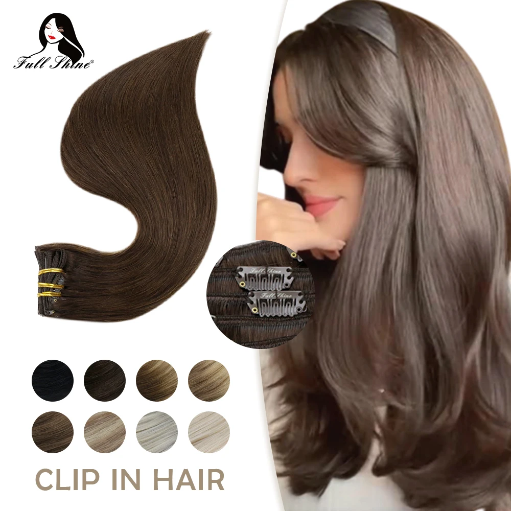 Full Shine Factory Direct Sales #4 Dark Brown Real Human Hair Extension Clip on Brazilian Remy Hair