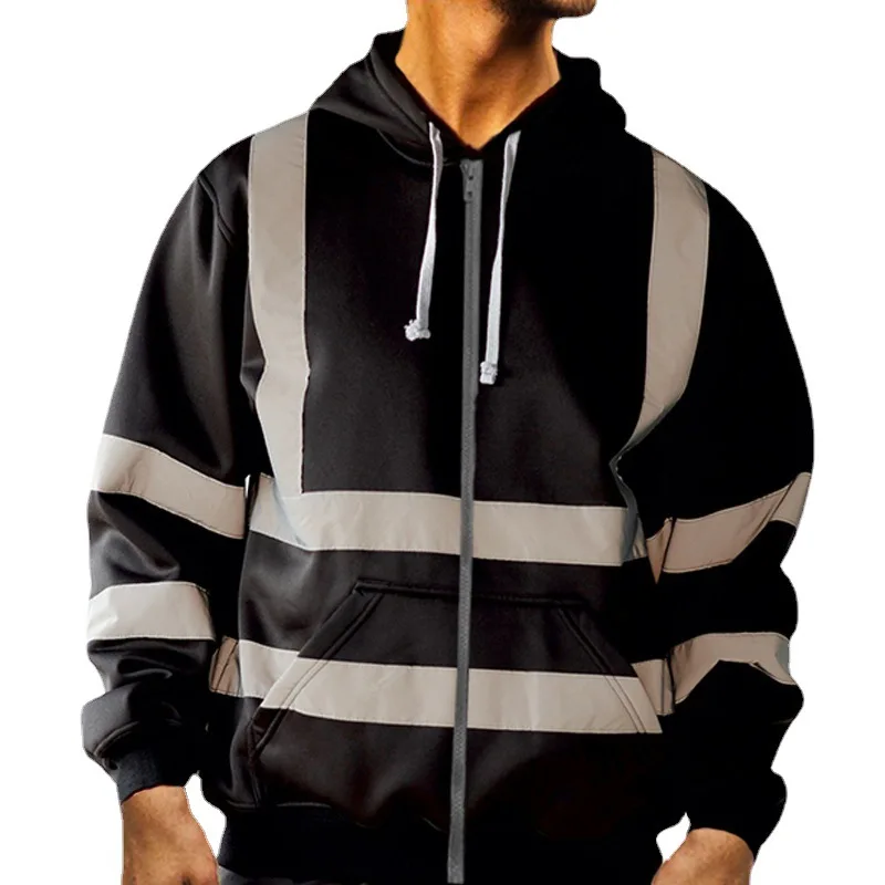 Factory Direct Sales Can Print Embroidery Reflective Hooded Zipper Hoodie Night Outdoor Reflective Sports Hoodie Warm Jacket
