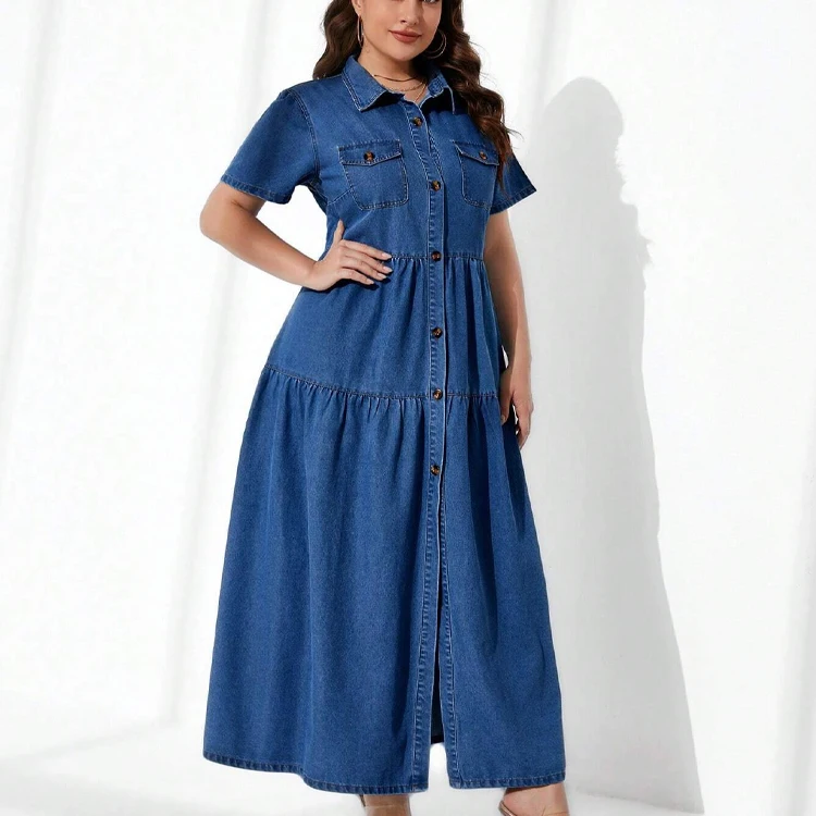 Customized Casual and Formal Maxi Denim Dress for Women Plus Size Single Breasted with Long Sleeves for Summer