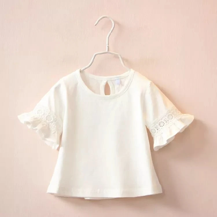 
2021 Summer New Baby Kids Girls Clothes Pink Cotton T shirt Short Sleeve Solid Cute Fashion Lace Flared Sleeve Tops Casual 
