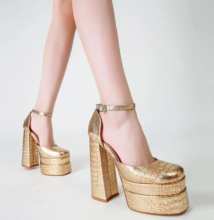 New Arrivals Women Double Platform Chunky Heel Sandals Snakes Printing Ladies High Heel Sandals