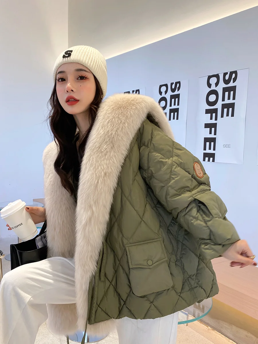 2021 hot big real fox fur collar coat oversize white duck down jacket plus fur winter outfit fur coat