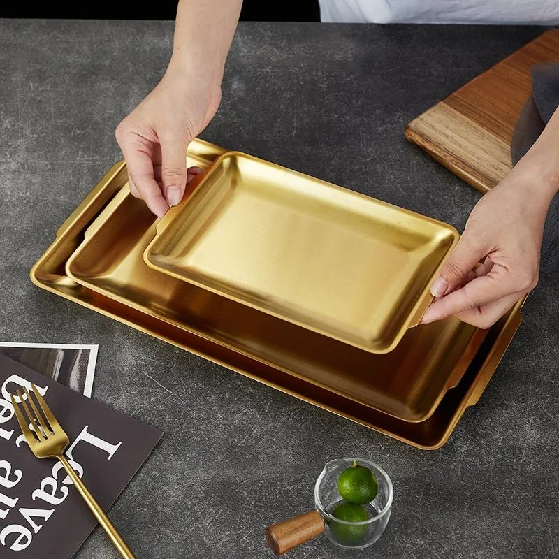 Hot Selling Wholesale Custom Logo Square Plate Gold Silver 304 Stainless Steel Barbecue Plate Kitchenware