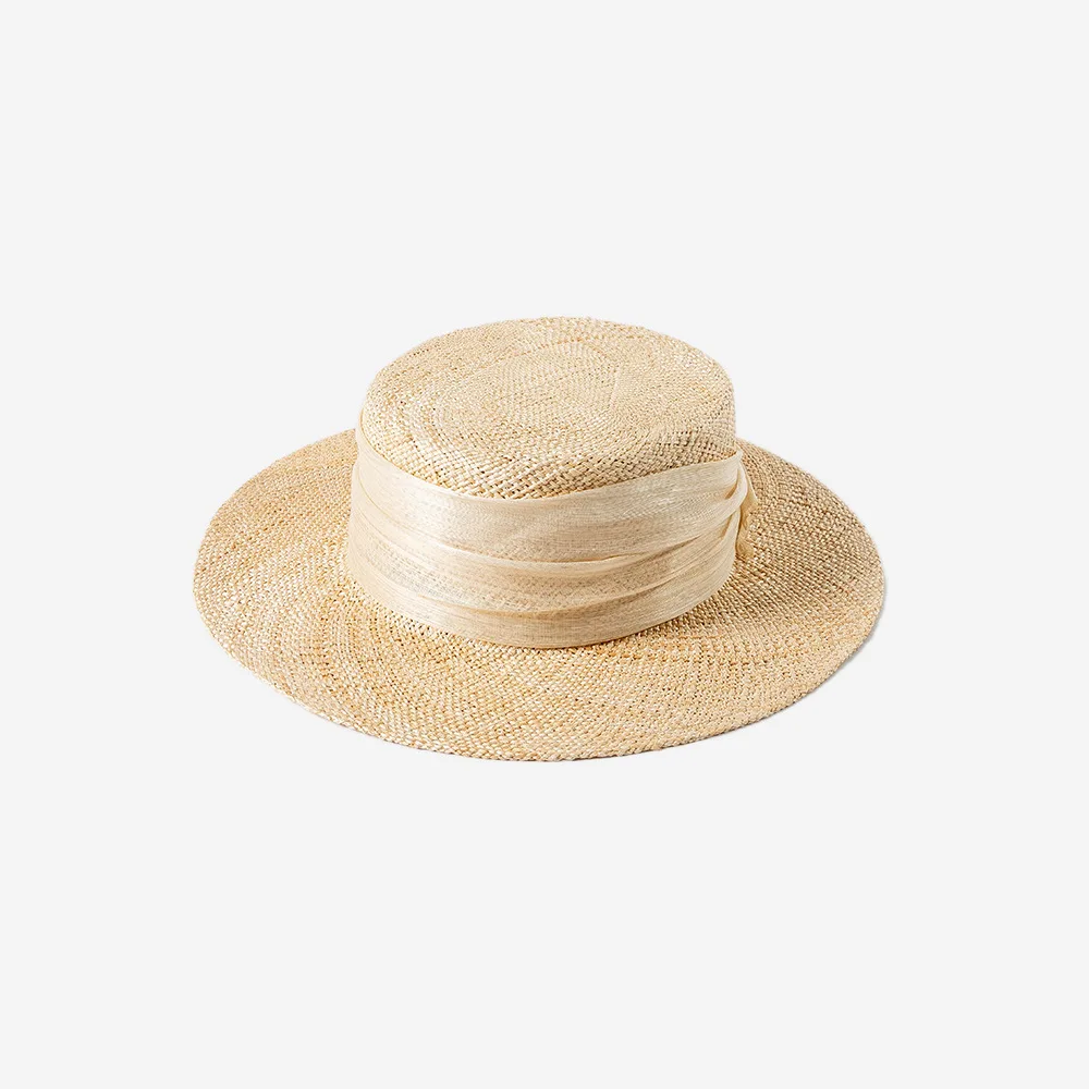 Wholesale  Fashion Elegant Yarn Decoration Wide Natural Treasure Grass Flat Outdoor Sun Protection Sunshade Straw Hat