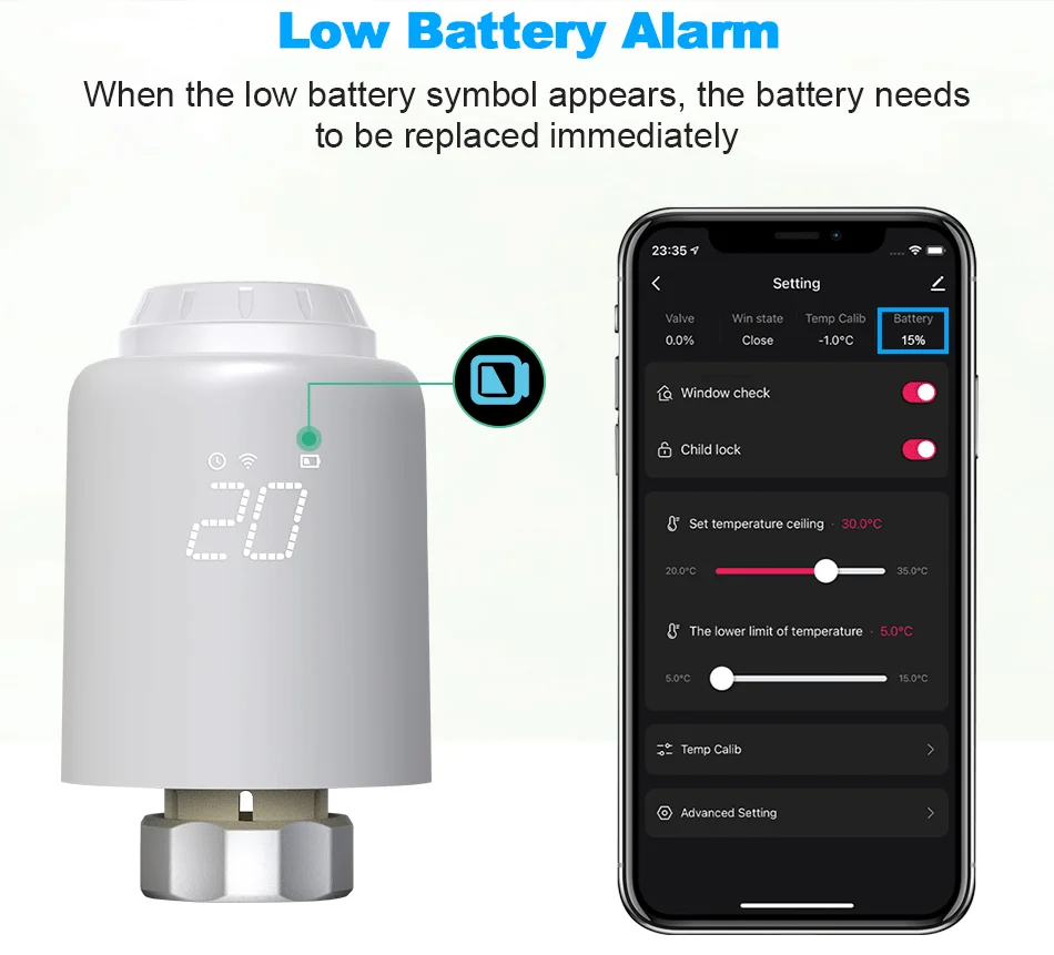 Ultra-low Power  LED  Screen TRV Bluetooth Smart Tuya  Thermostatic Radiator Valve