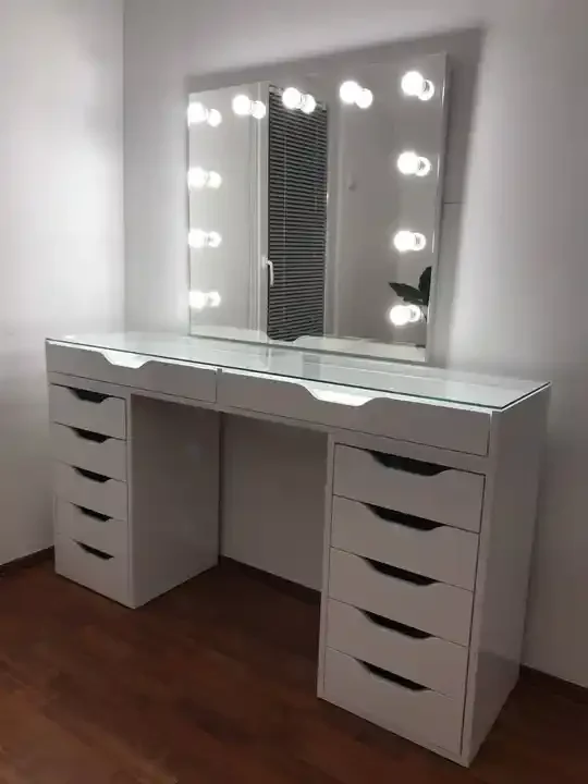 home bedroom furniture glam mirror modern transparent desktop design wooden super large storage dressing table vanity table