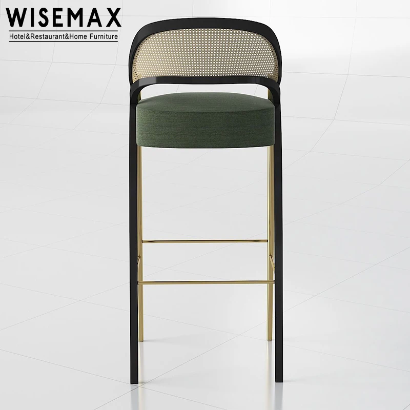 WISEMAX FURNITURE Italian Home Solid Wood Frame High Legs Bar Stool Rattan Curved Backrest Design Bar Stool With Fabric Seat