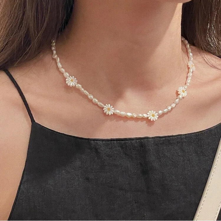 white daisy Chain Beaded Pearl Necklaces stylish chic flower choker Women Minimalist 925 Sterling Silver Necklace