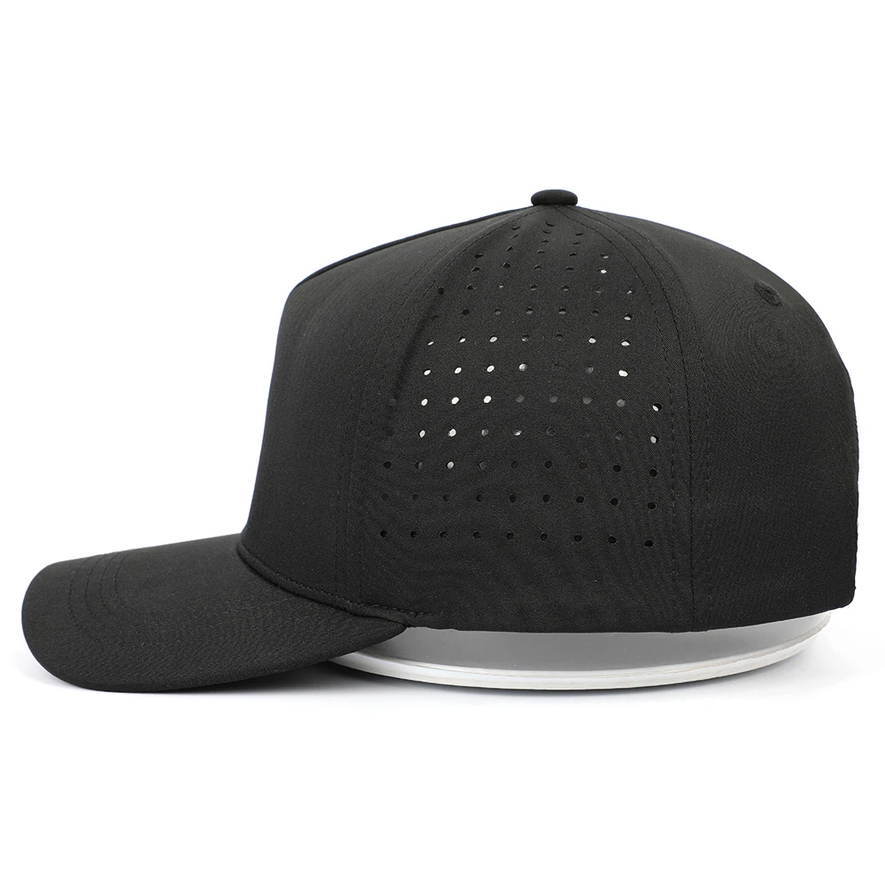 Customized High Quality 5 Panel Black Structured PVC Logo Perforated Laser Hole Drilled Waterproof Sport Baseball Caps Hat