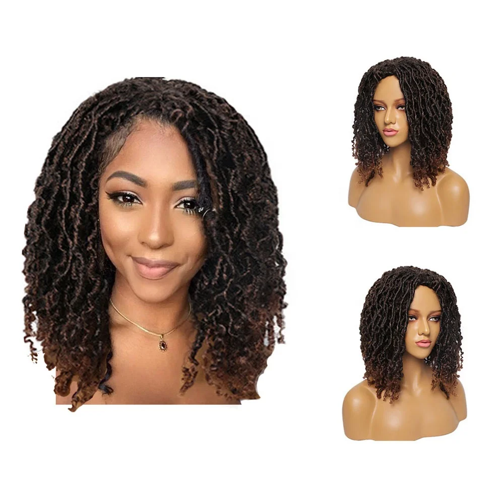 Wholesale 150% Heat Resistant Fiber Twist Synthetic Braided Wig Ombre Curly Faux Locs Crochet Box Braid Wigs for Women