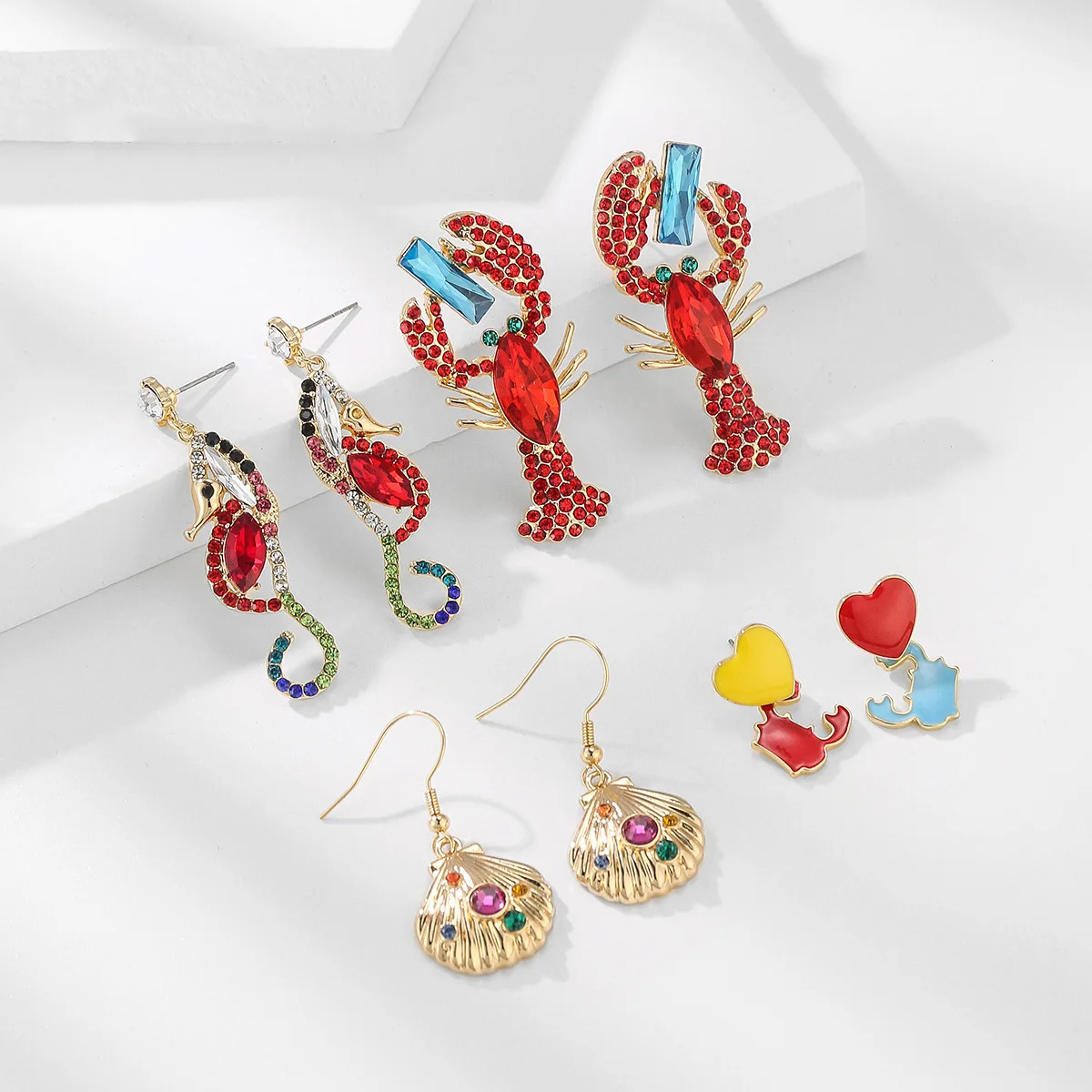 KJ Fashion Jewelry Earrings Summer Beach Vivid Rhinestone Zircon Earrings Funny Crab Seahorse Lobster Shell Drop Earrings