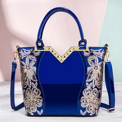 New 2019 trendy fashion black handbag embroidered bright leather shoulder bag portable handbags patent leather shoulder bags