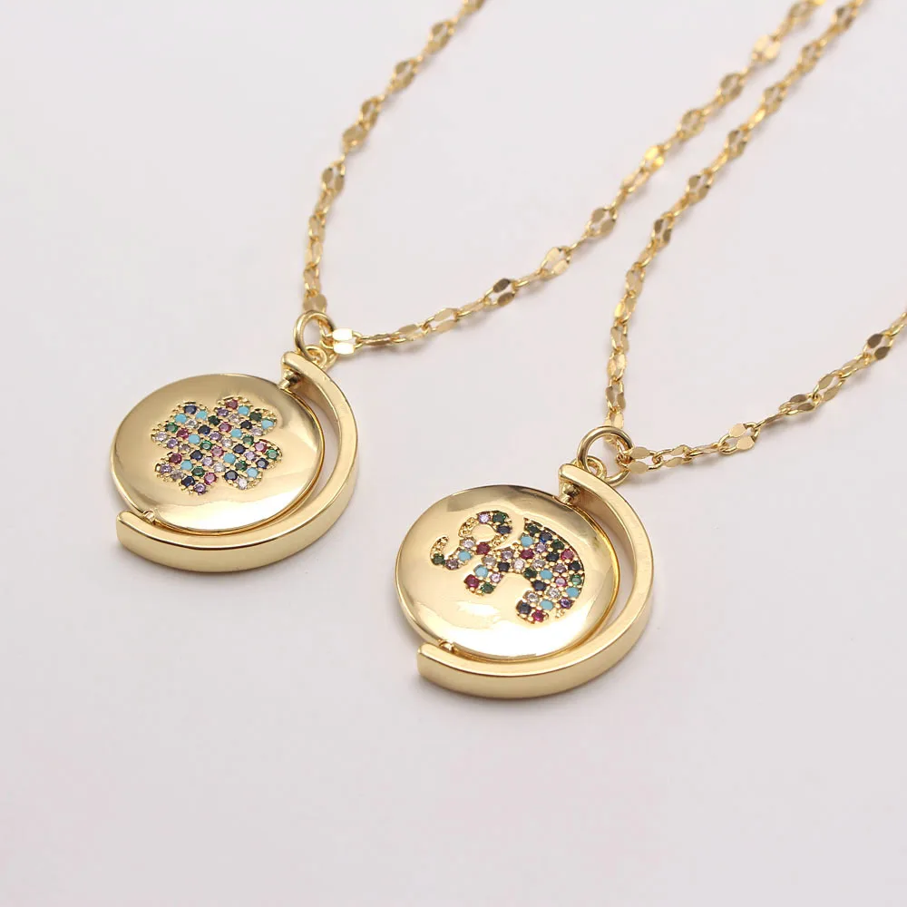 Custom Jewelry 18K Gold Plated Cubic Zircon Elephant/Four Leaf Clover Pendant Necklace Charm Clavicle Chain Choker Wholesale