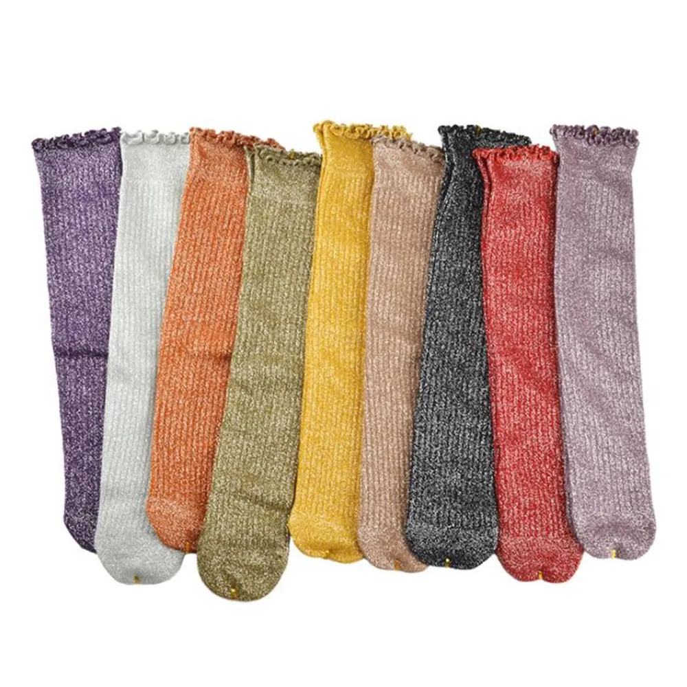 Women Ribbed Knit Shiny Silver Lurex Socks Girls Daily Winter Color Blocking Wavy Cuff Crew Ankle Socks for Gift