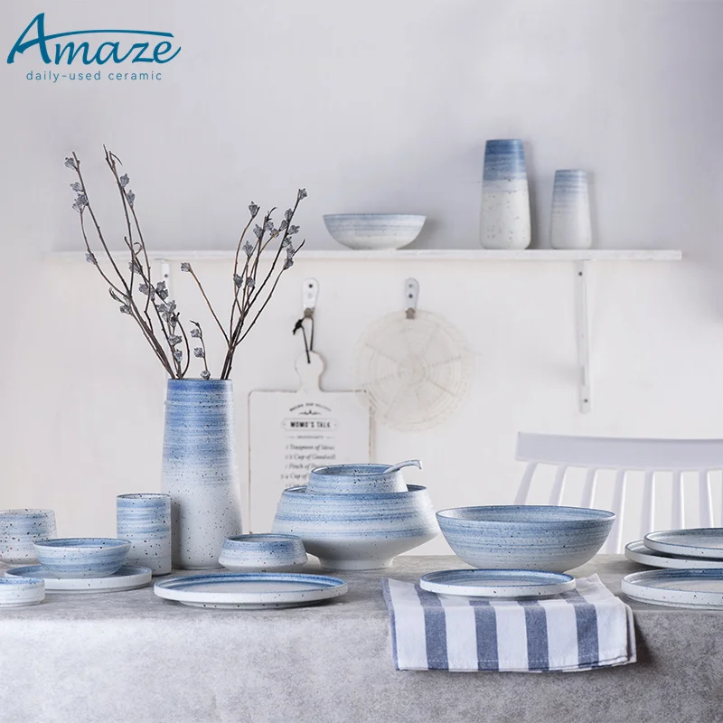 Wholesale nordic style hand painted blue ceramic kitchen dinner set dinnerware tableware set for restaurant home