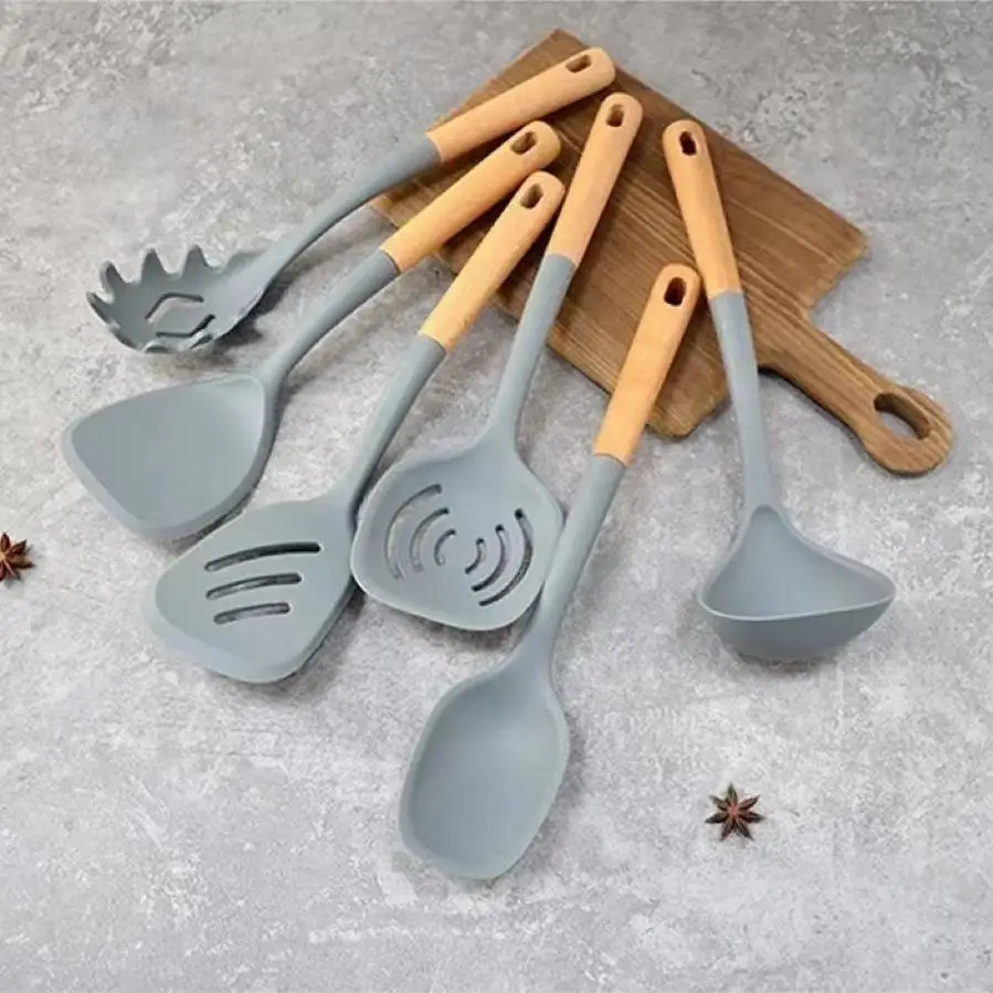 Hot Sale 6 Piece Cooking Tools Silicone Kitchen Utensils  Kitchen Utensils Set with Wooden Handles Cooking Tools set