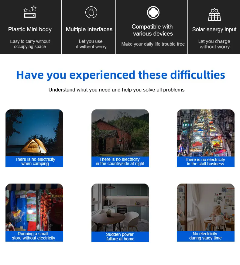 6V5W industrial portable solar energy system mini solar panel led light with 2pcs led light USB DC solar charge power bank