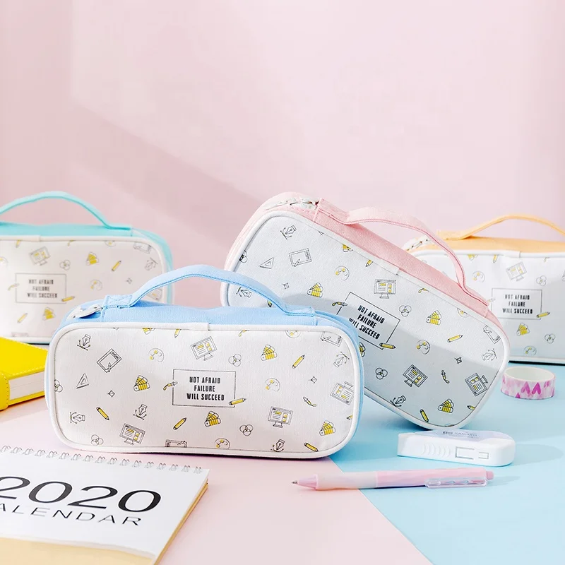 New coming wide handle easy to carry office stationery set kids school canvas fabric pencil case