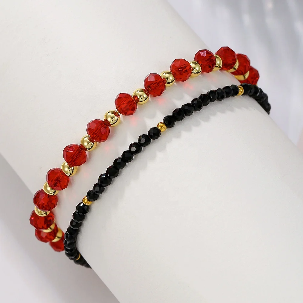 Fashion  Black Glass Crystal Bracelet Gold Stainless Steel Beaded Bracelet for Women Summer Beach Party Jewelry Gift