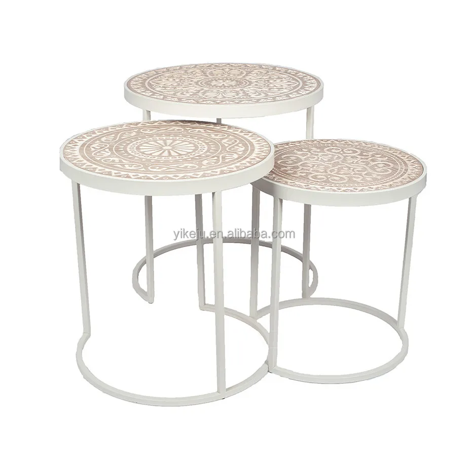 Yiju Wholesale Living room Furniture sofa set side table wood carved Design with simple stool S/3 round nesting coffee table