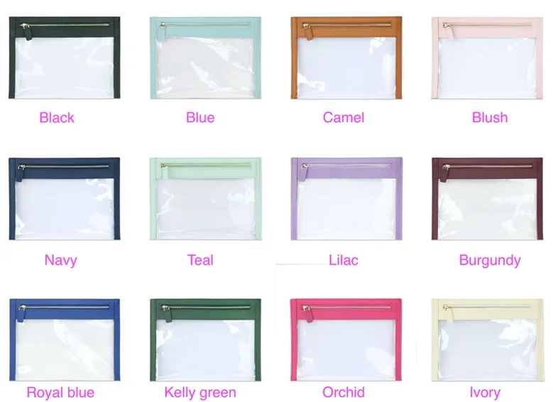 Monogrammed Genuine Leather Clear Travel Cosmetic Pouch Waterproof Flat Zipper Bag Travel Brush Organizer Make Up pouch