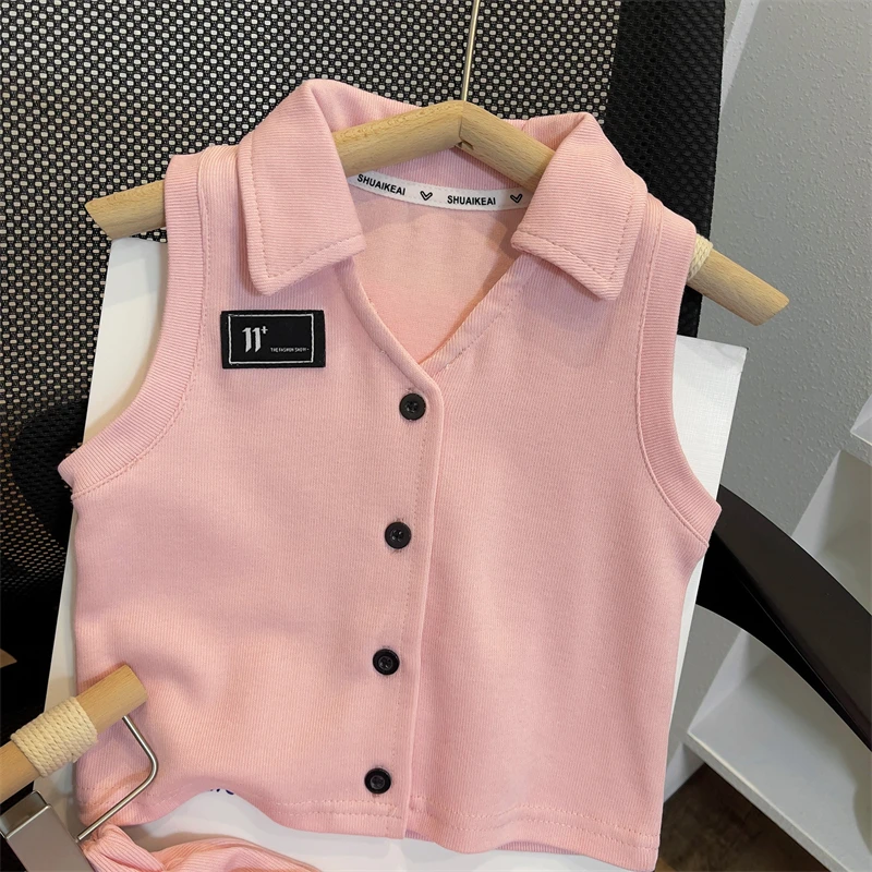 Conyson Korean New Children 2023 Summer Pink Lapel New Girls Cute Soft Cardigan Sleeveless Baby Shorts Kids Two-piece Girl Set