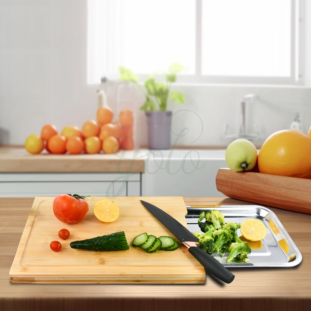 Kitchen Stainless Steel Metal 2024 Double Side Butcher Food Blocks Bamboo Cutting Wooden Chopping Board Set with Tray Container