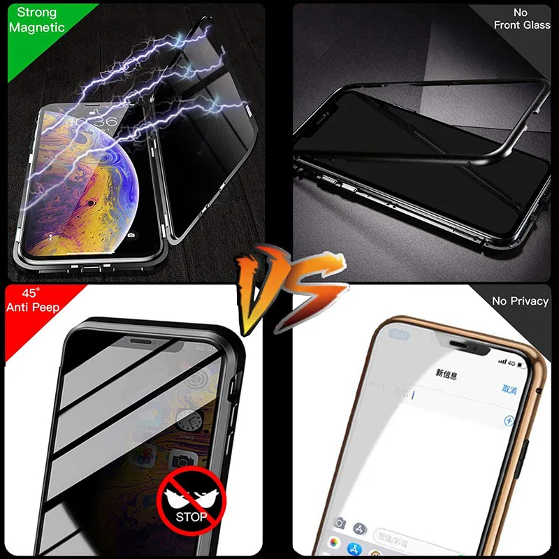 Double Side Clear High Quality Explosion-Proof Tempered Glass Anti-Peep Magnetic Phone Case For Iphone 11 Pro Max