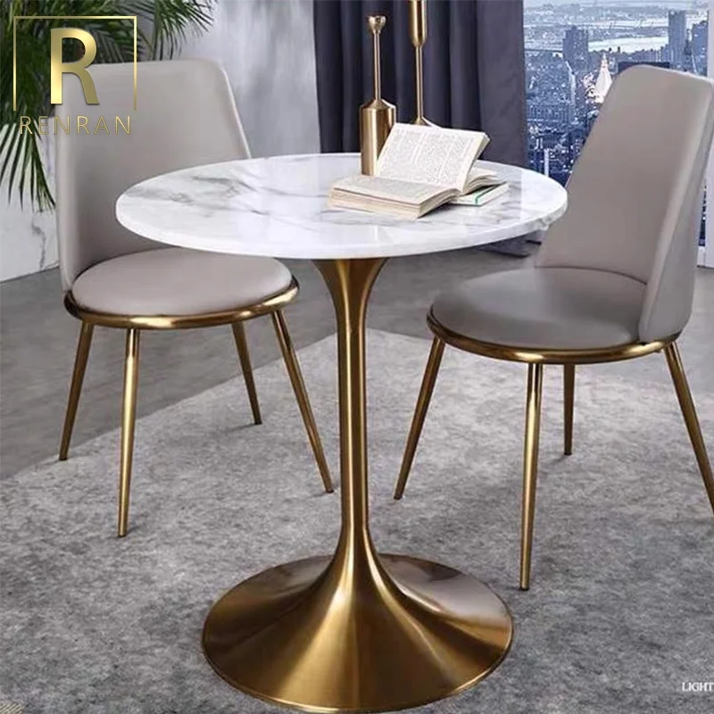 Modern Popular Luxury Round White Marble Top Gold Base Dining Table Hotel Tables Stone