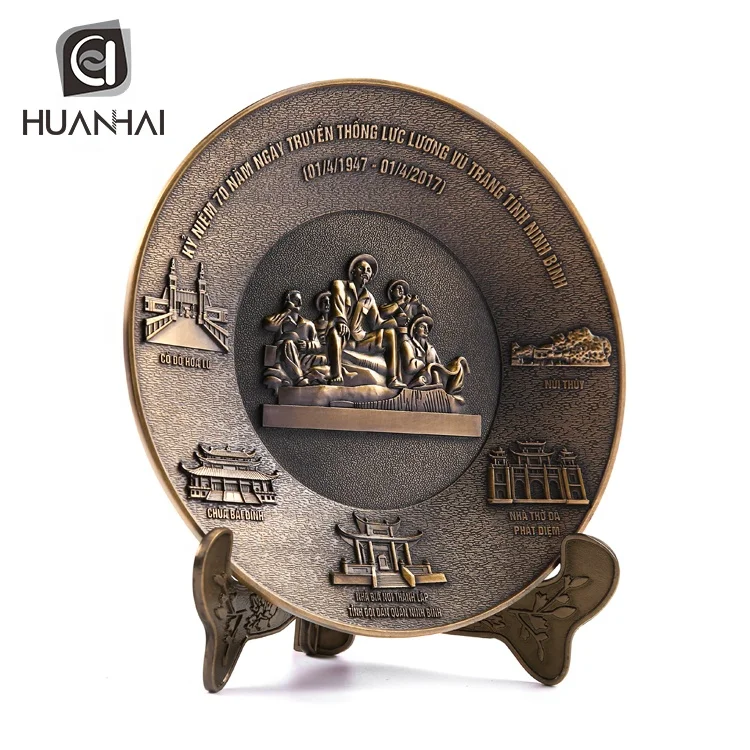 customized antique bronze metal embossed logo 3d award vietnam souvenir plate