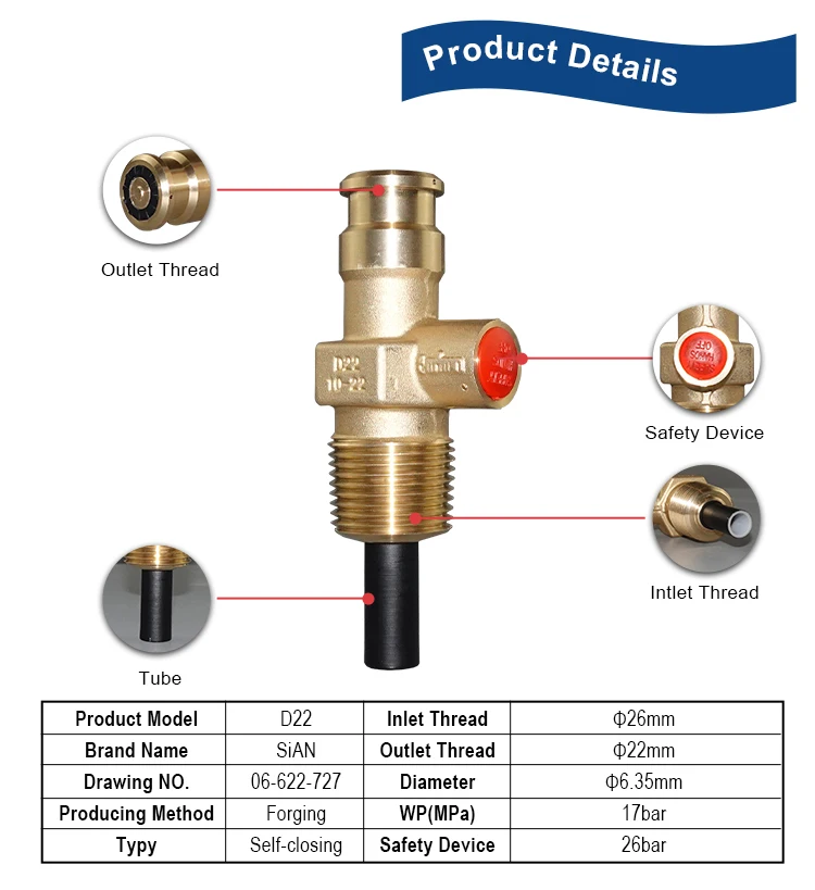 SiAN Safety Valve Factory Liquid Petroleum Gas Compact Cylinder Valve 22mm LPG Gas Propane Tank D22 Self-closing Valves