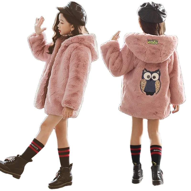 Winter Warm Kids Jacket Hooded Fur Girls Coats Cartoon Cotton Children Outerwear Thick Windproof Teenage Clothing Windbreaker