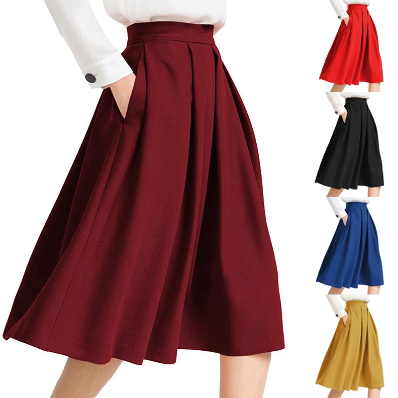 New Design Knee High Waist A Line Midi Flared Bubble Long Pleated Womens Skirts With Side Pocket