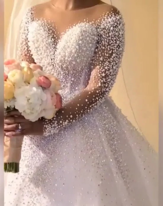 Luxury pearls ball gown wedding dress long sleeve v neck heavy pearl beaded wedding gown bridal dress