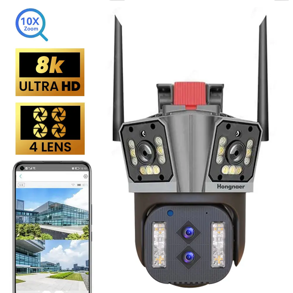 Hongnaer 8K Outdoor 10X Optical Zoom Surveillance Cctv WIFI Security Camera Audio Ptz Four lenses three screens network camera
