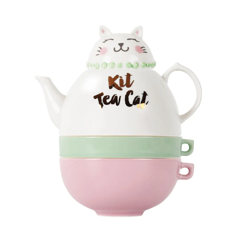 Уникальный дизайн в форме кошки, Штабелируемый с логотипом на заказ, фарфоровый чайный набор для кофе с золотым ободком для двух человек