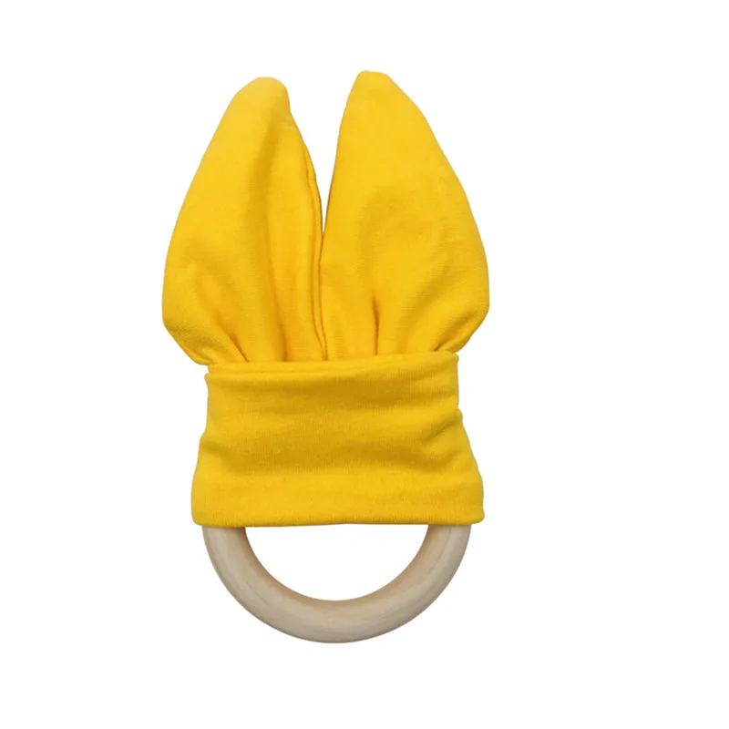 
BPA Free Silicone Teether Bracelet Natural Wooden Baby Teething Toy Bunny Ears Baby Teethers Wooden Teether Ring With Fabric 