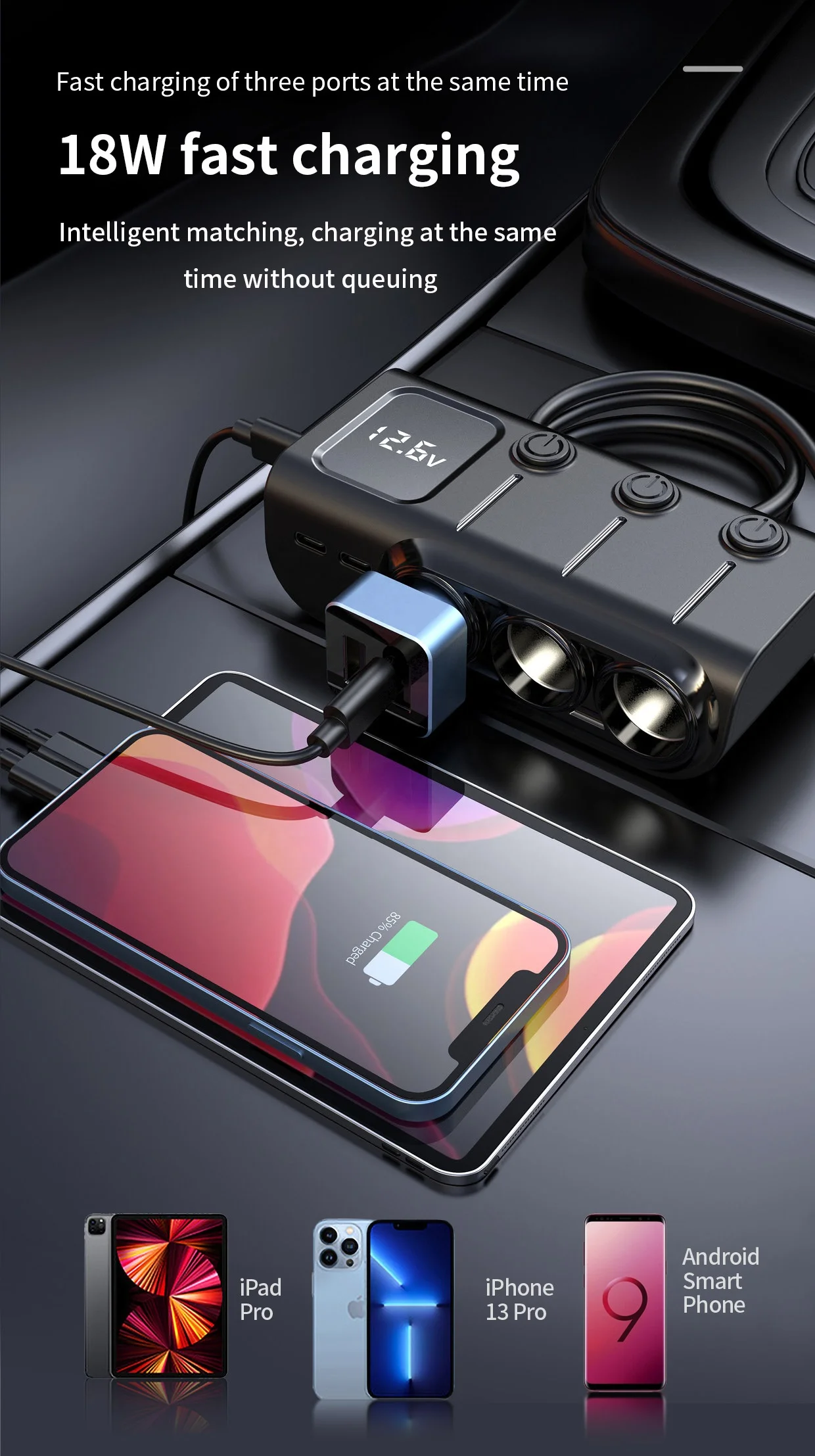 5USB 3A Dual USB Car Charger 3 Port LCD Display 12-24V Cigarette Socket Lighter Power Adapter Fast Car Charger