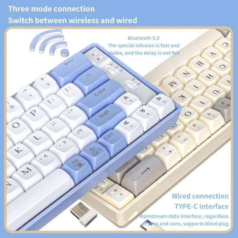 65 Keys 3 Mode BT Type-C 2.4G Adjustable Backlight Hot Swappable Ergonomic 60% Wireless Mechanical Keyboard