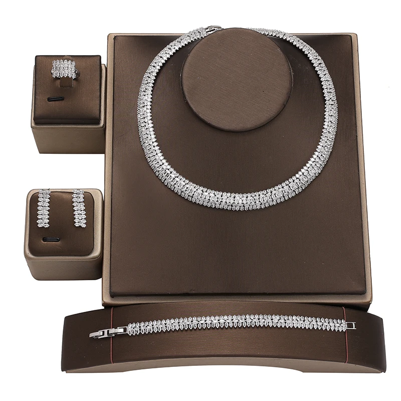 Fashion Luxury Zircon Necklace Bracelet Earrings Ring Wedding 4pcs Gold Filled Jewelry Sets Exquisite set  Bisuteria BN8713