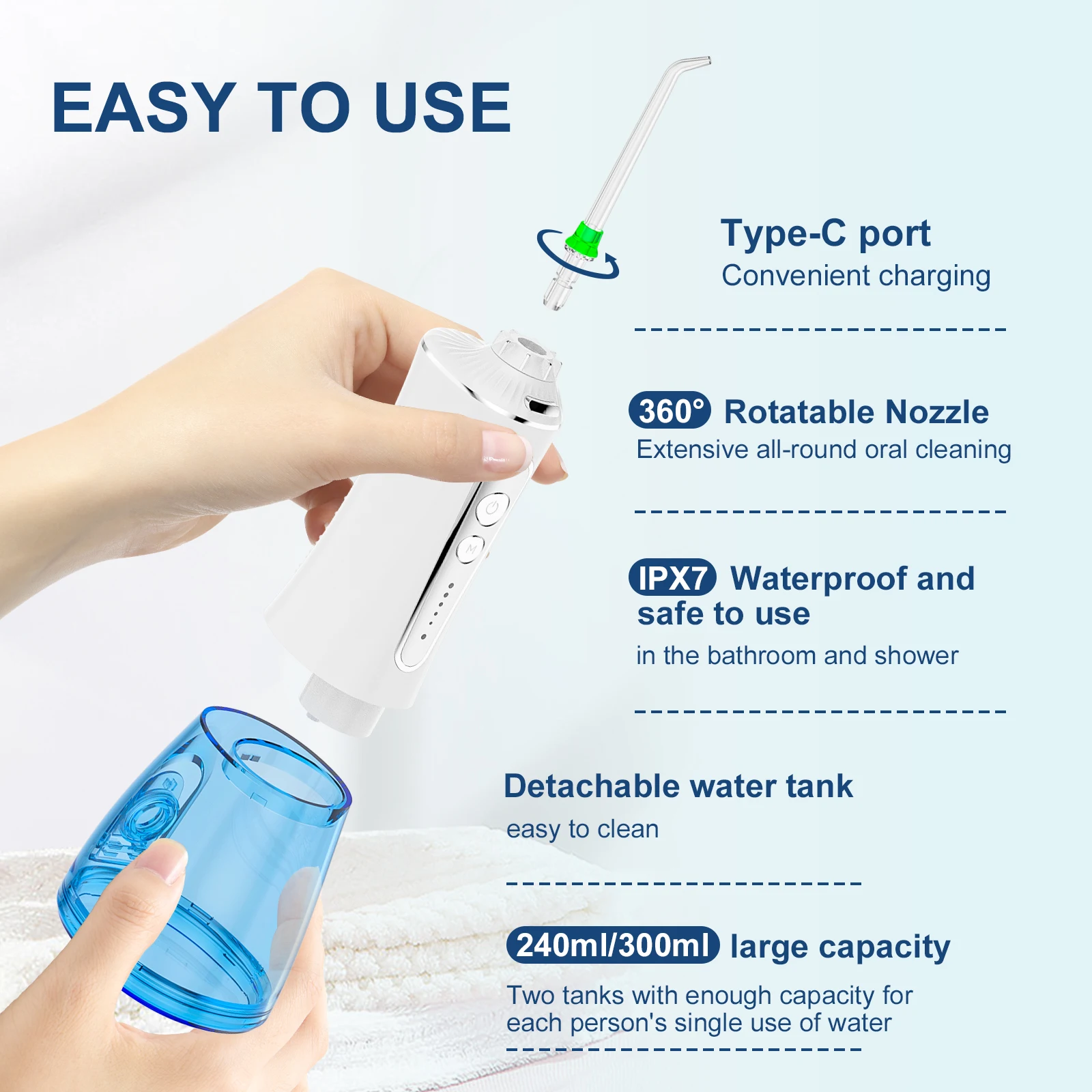H2ofloss 2024 Factory Supply Rechargeable Waterproof Oral Irrigator Usb Rechargeable Water Flosser Customized Cordless