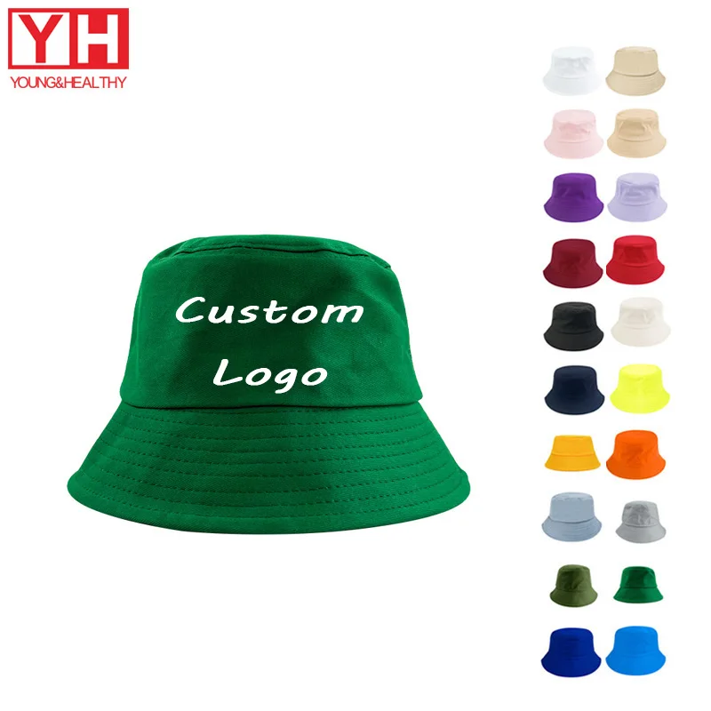 Customized Logo Outdoor Cotton Sunshade Sunscreen Fisherman Large Bucket Hat Wide Brim Blank Solid Green Bucket Hat