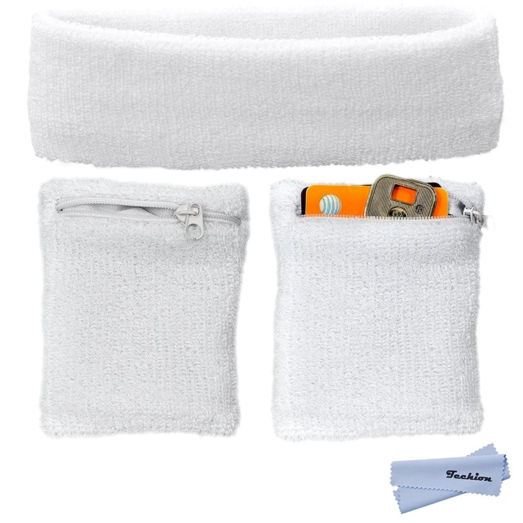Cotton terry cloth zipper sweatband wristband with pocket for sport