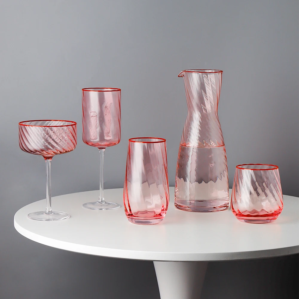 china manufacturers custom hand blown Luxury Origami  Pink ribbed balloon red wine glass crystal goblet wine glasses