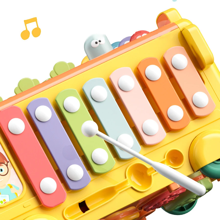 6 in 1 Montessori Musical Puzzle School Bus Toy  Multifunctional Hammering Pounding Toy With Music Pulling Shape Sorting Bus Car