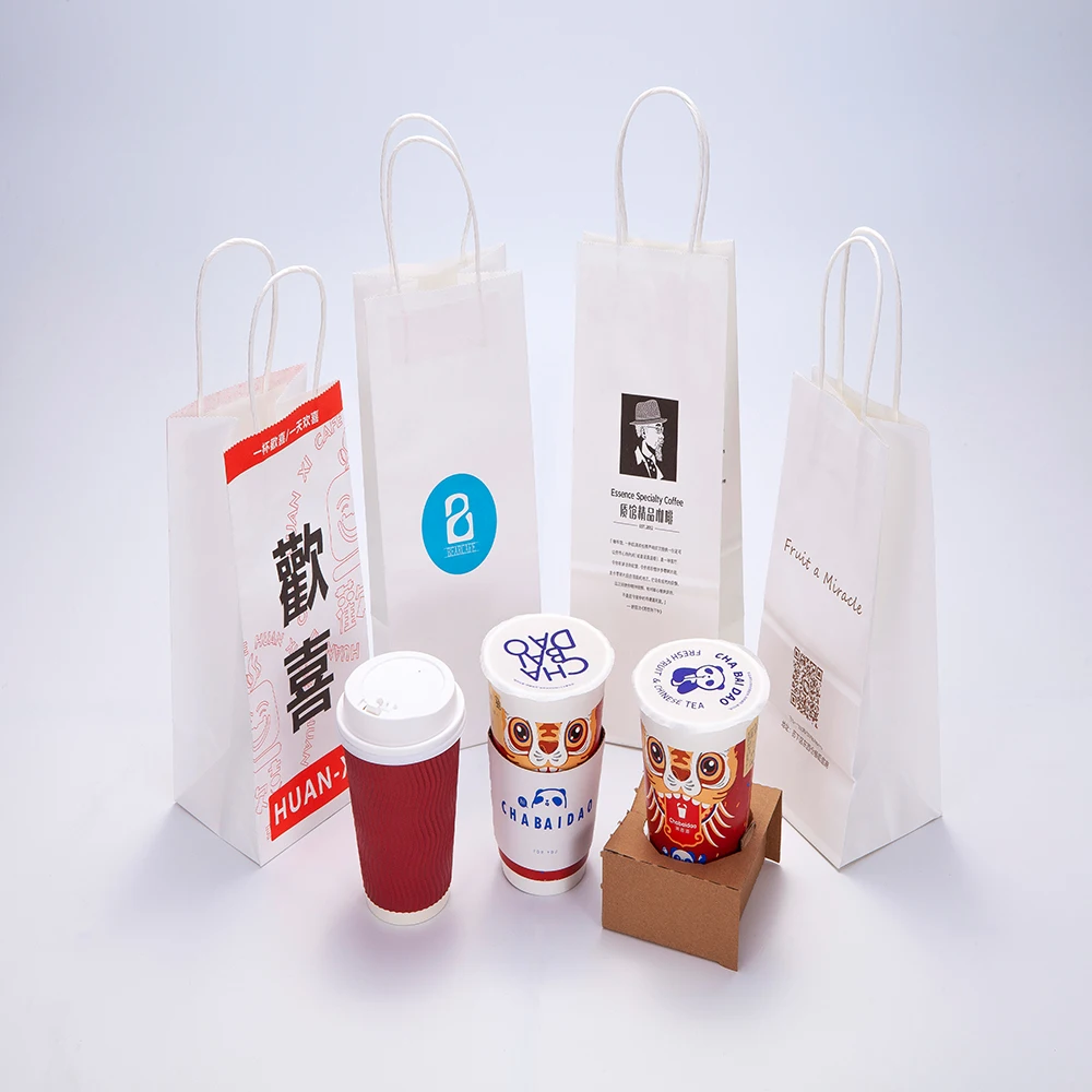 Custom Logo Print Wholesale Bolsa Papel Recyclable Kraft Paper Coffee Hot Drink Take Away Food Bag with Handle