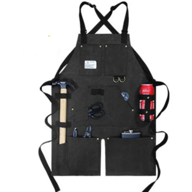 Multi functional pockets black canvas apron for outside BBQ catering hairdresser wood cutter coffee bar