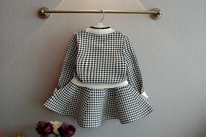 Autumn Plaid Knitted Houndstooth Kids Cardigan Girls Clothes Skirt 2 Pieces Children Suit Clothing Sets