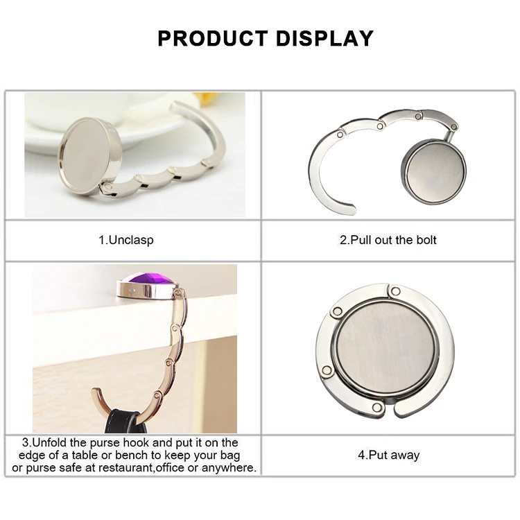 Custom Portable Bag Hook Portable Foldable Folding Table Purse Bag Hook Hanger Holder Handbag Crystal Rhinestone Decoration