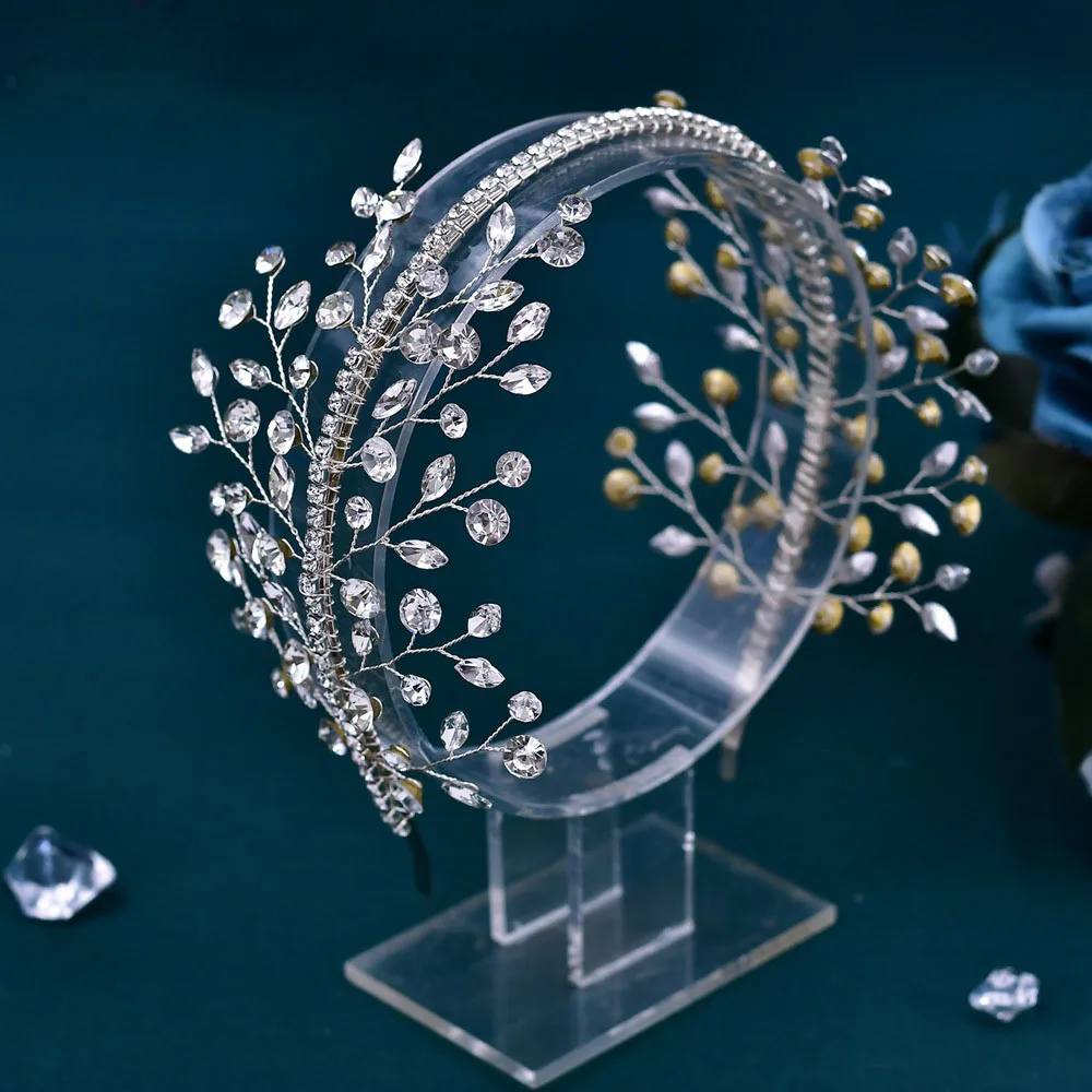 BELLEWORLD bride accessories handmade high quality silver rhinestone leaf shape wedding headpiece rhinestone headbands for bride